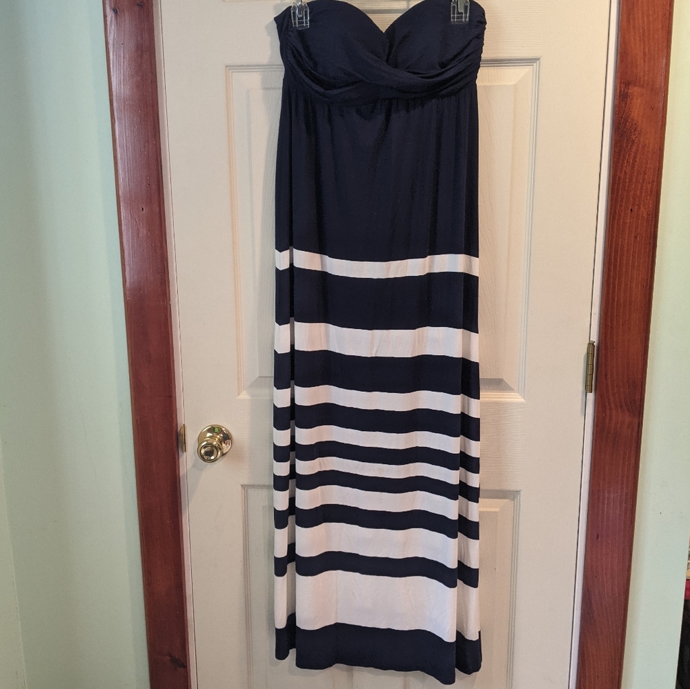 Navy blue and white striped strapless dress